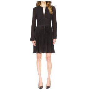 Michael Michael Kors Women's Pleated Mini Dress PETITE XS Black Long Sleeve